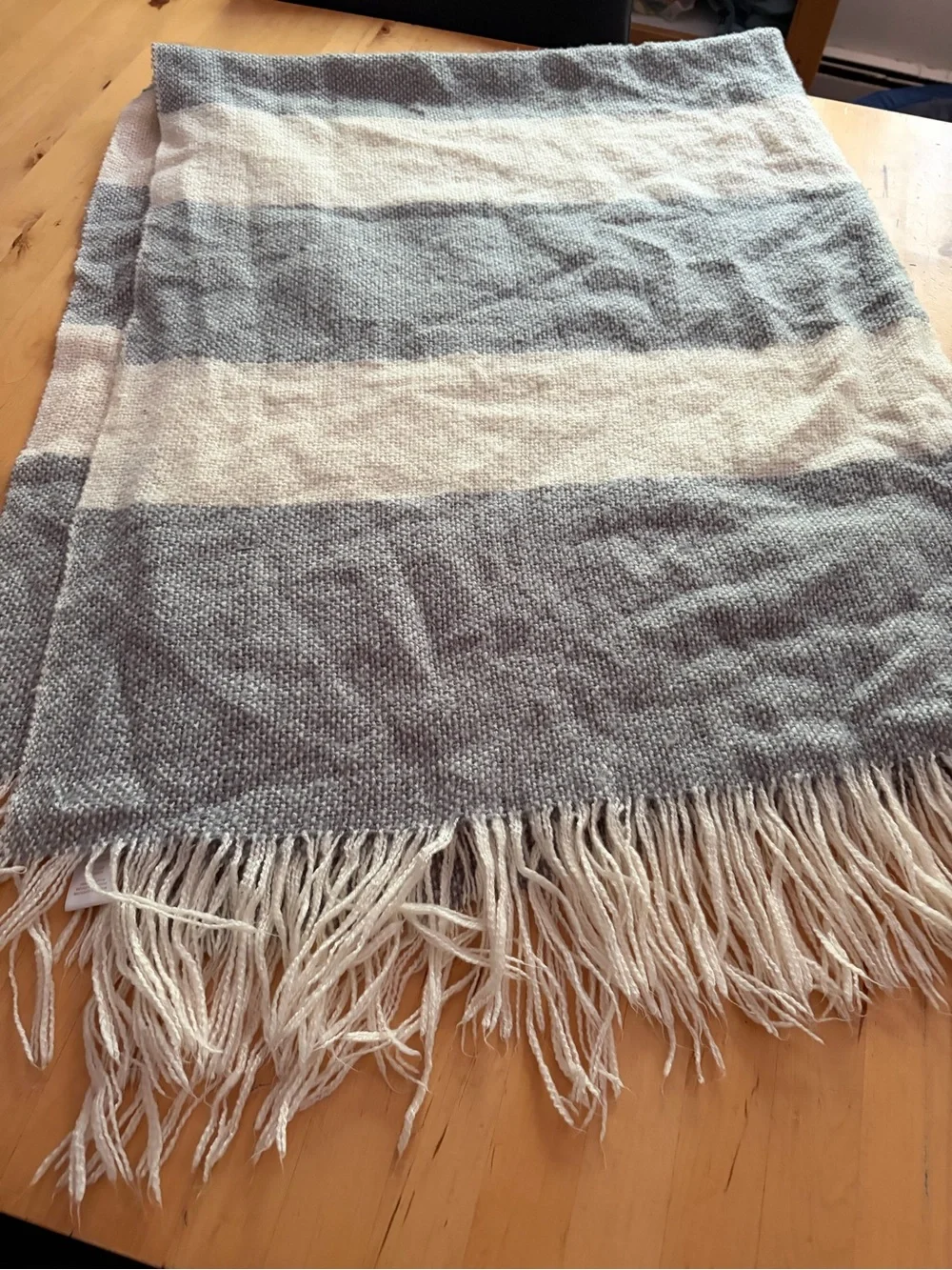 West Elm Striped Fringe Throw Blanket - Gray & Cream